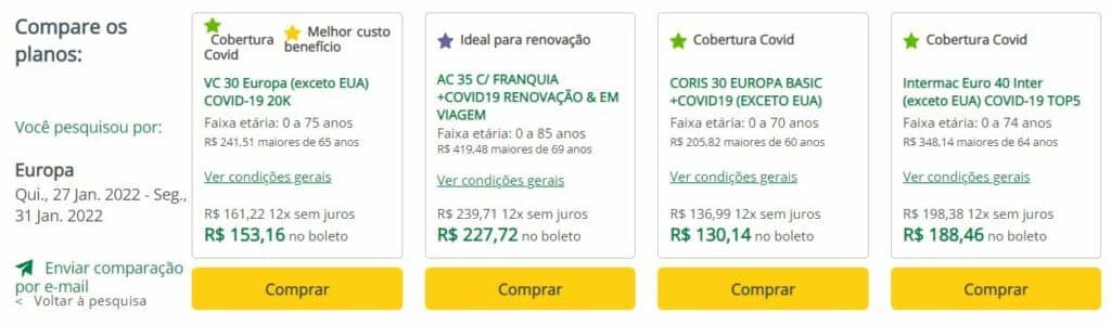 Quadro comparando opções de seguro viagem Londres.
