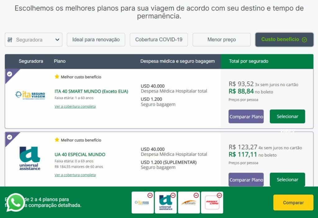 Tela da Seguros Promo mostrando opções de seguro viagem Mônaco
