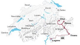 Mapa da Suíça do trajeto do trem de  Bernina.